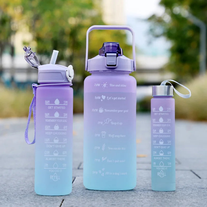 Motivational water bottle with time markers, straw, and leakproof lid. BPA-free and perfect for students, workouts, and daily hydration. 1L capacity.