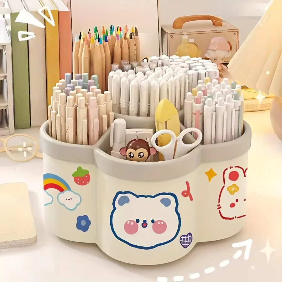 Rotating desk organizer with colorful compartments for dorm and school use.