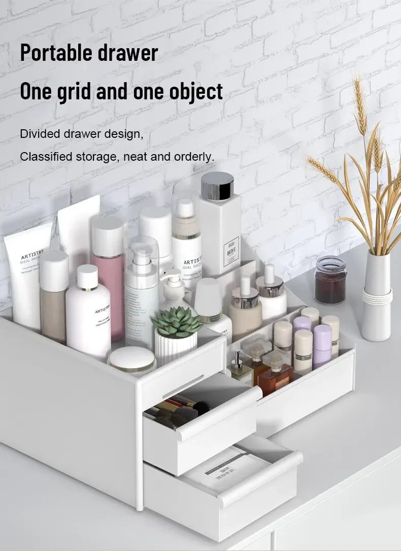 White Drawer Makeup Storage Box – Compact Dorm Organizer for Cosmetics & EssentialsCare Dressing Table Desktop