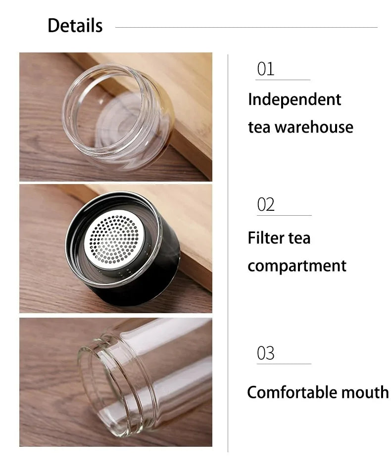 420ML Double-Layer Glass Tea Infuser Bottle – Heat-Resistant Borosilicate with Stainless Steel Lid