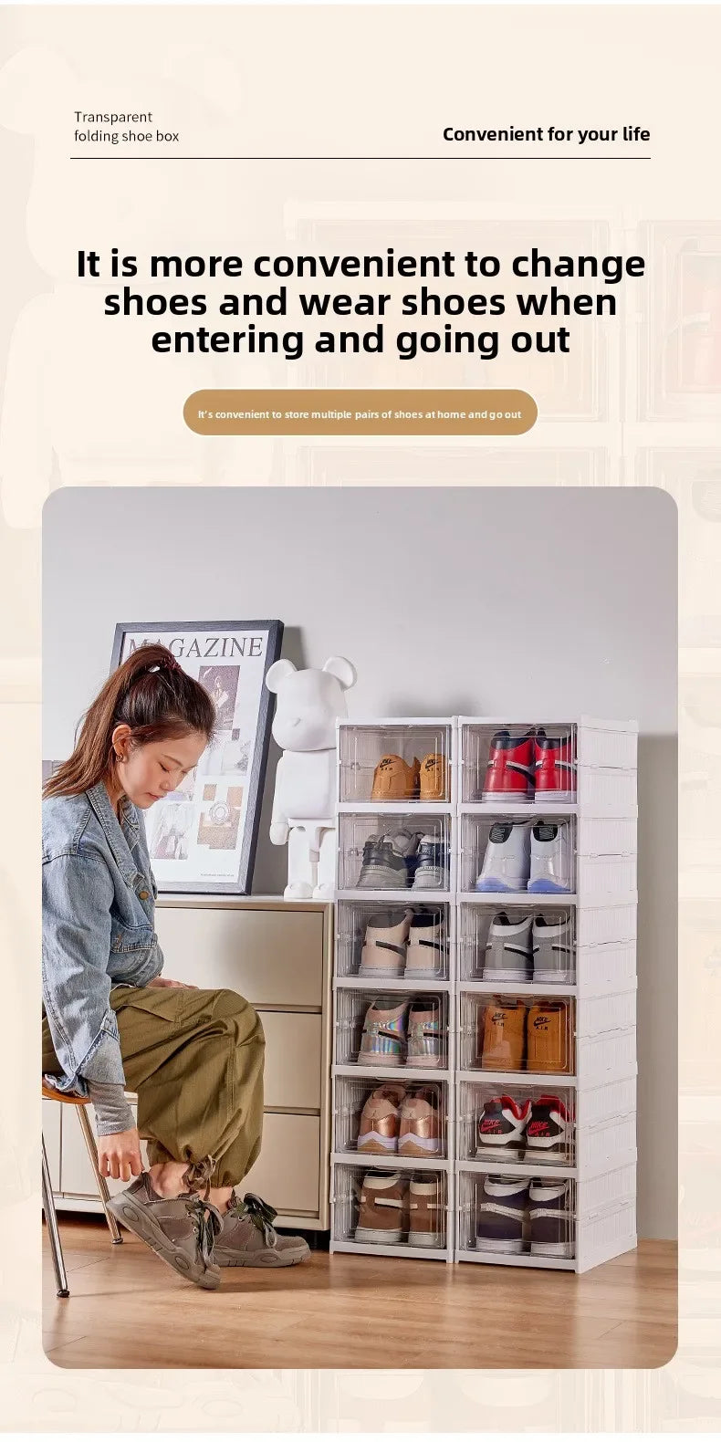 Foldable Shoe Organizer – No Assembly Stackable Dustproof Space-Saving Cabinet for Dorm or Home