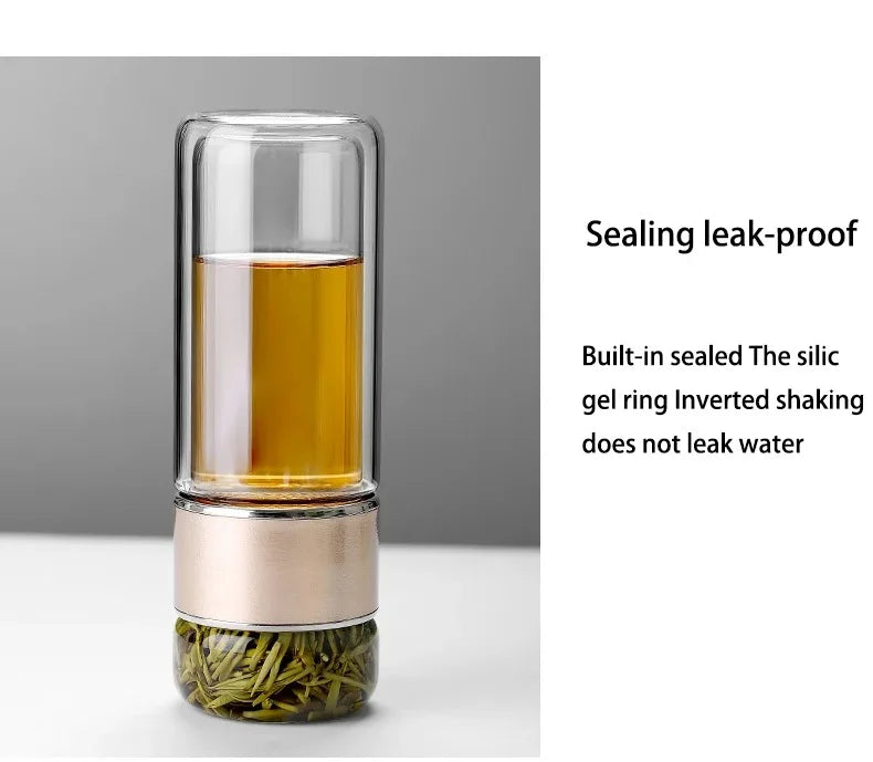 420ML Double-Layer Glass Tea Infuser Bottle – Heat-Resistant Borosilicate with Stainless Steel Lid