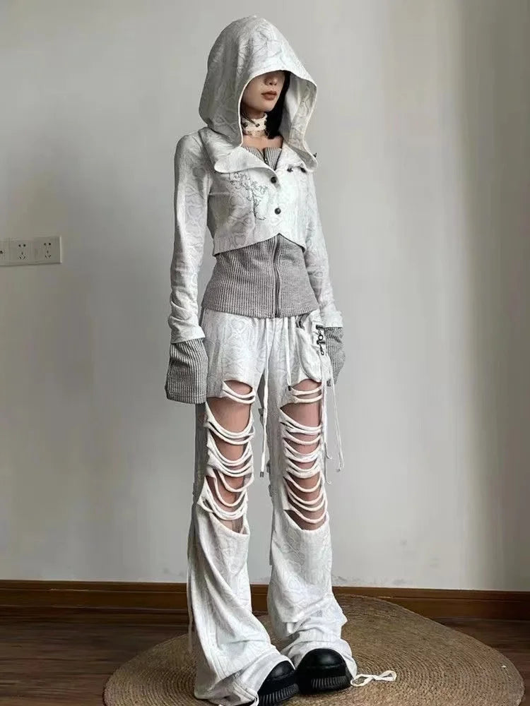 UniVibe Vintage Zip Hoodie White Print Streetwear Sweatshirt