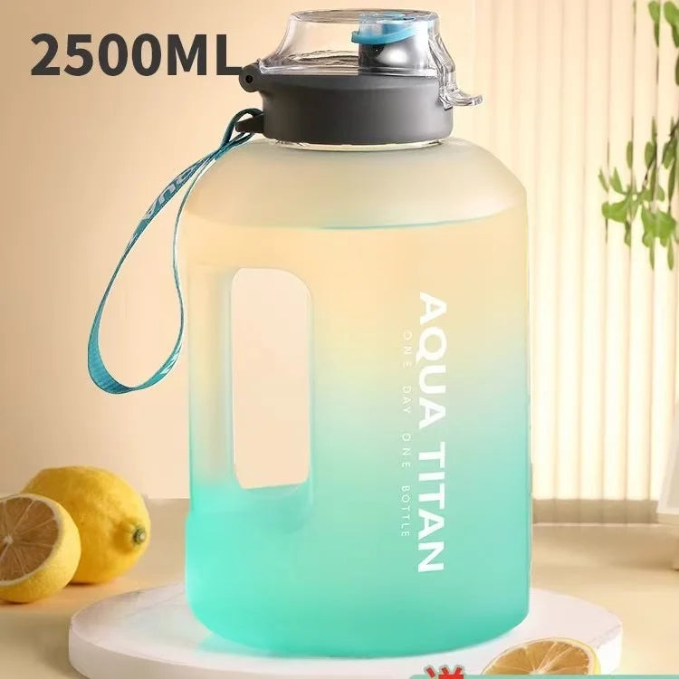 1700ML large-capacity clear sports water bottle with blue handle and temperature-resistant design for gym and fitness.
