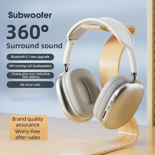 Headphones with soft ear cushions and Bluetooth 5.1 upgrade, shown on a light blue background with text highlighting 360° surround sound and HD voice call support.
