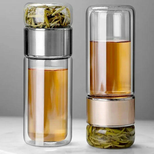 Enjoy your tea anywhere with this 420ML borosilicate glass infuser bottle. Features a sleek double-layer design, leakproof lid, and built-in strainer. Great for loose-leaf tea!
