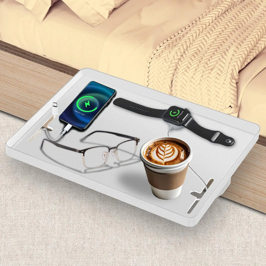 Clip-on bedside shelf attached to a bunk bed holding phone, glasses, drink, and smartwatch – ideal for dorm rooms and kids’ spaces.
