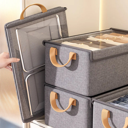 Stay organized in style with these gray fabric storage bins featuring sturdy wooden handles and a clear window for easy visibility. Perfect for clothes, linens, toys, or seasonal items. Stackable, foldable, and space-saving — the ideal solution for dorms, bedrooms, or small apartments!
