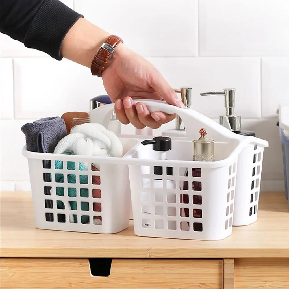 Foldable plastic storage basket with handles used for laundry, cleaning supplies, or dorm organization.
