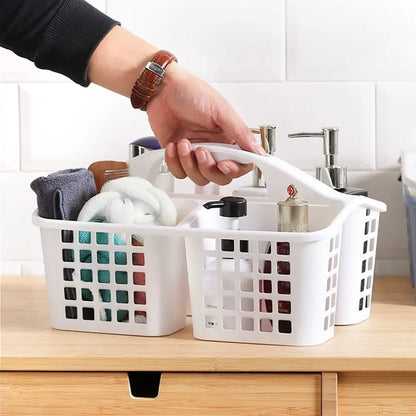 Foldable plastic storage basket with handles used for laundry, cleaning supplies, or dorm organization.
