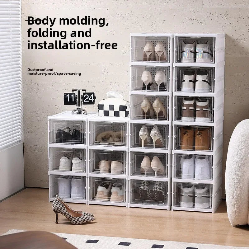 Foldable no-assembly shoe organizer cabinet for dorm and small space storage.
