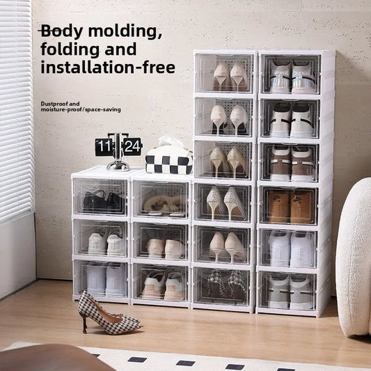 Foldable no-assembly shoe organizer cabinet for dorm and small space storage.
