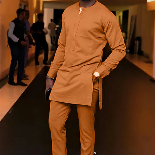 Stylish men’s brown two-piece outfit – perfect for college events, campus fashion, and everyday wear
