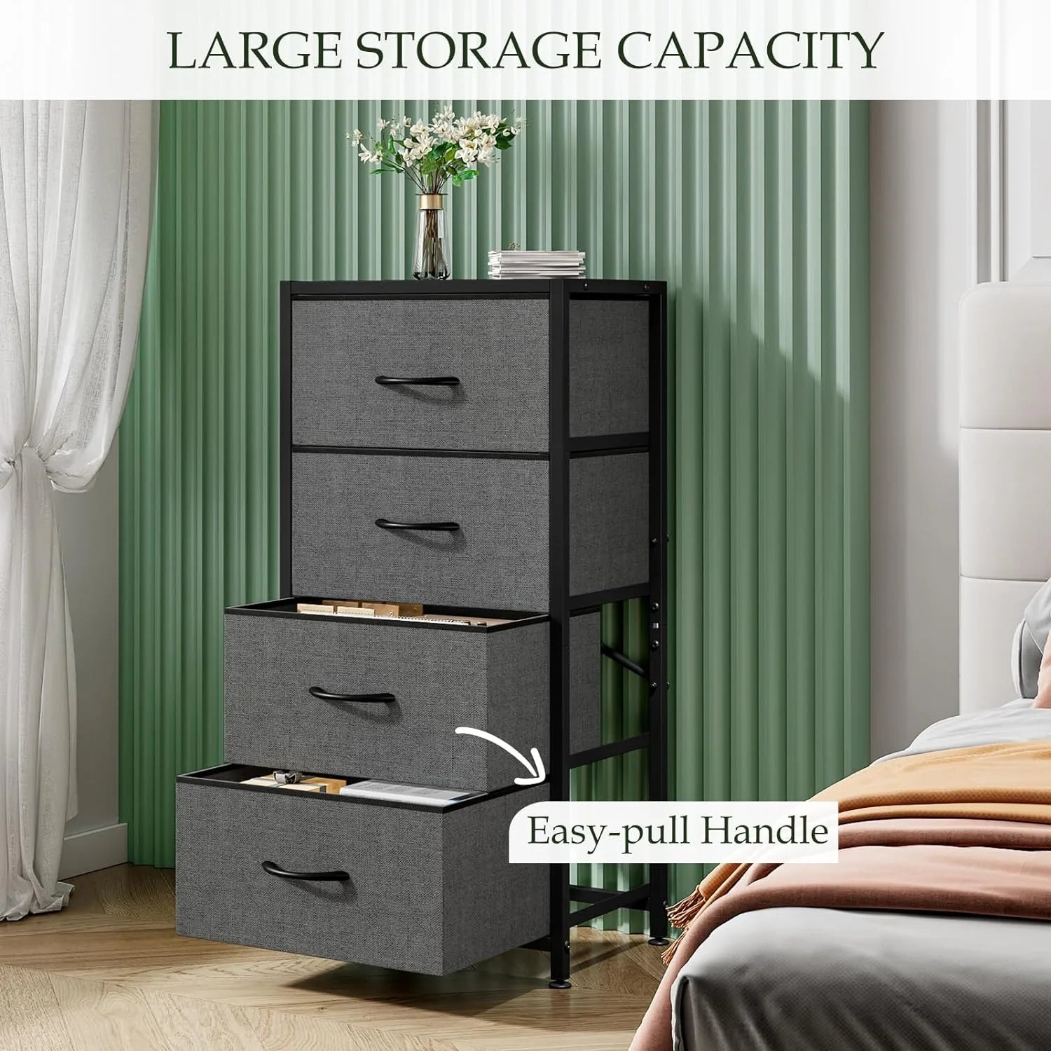 Modern 4-drawer dresser with wood top used for bedroom, dorm, or nursery storage.
