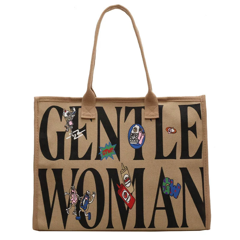 Large Capacity Canvas Tote Bag – Letter Print Shoulder & Commuter Bag | UniVibe Shop