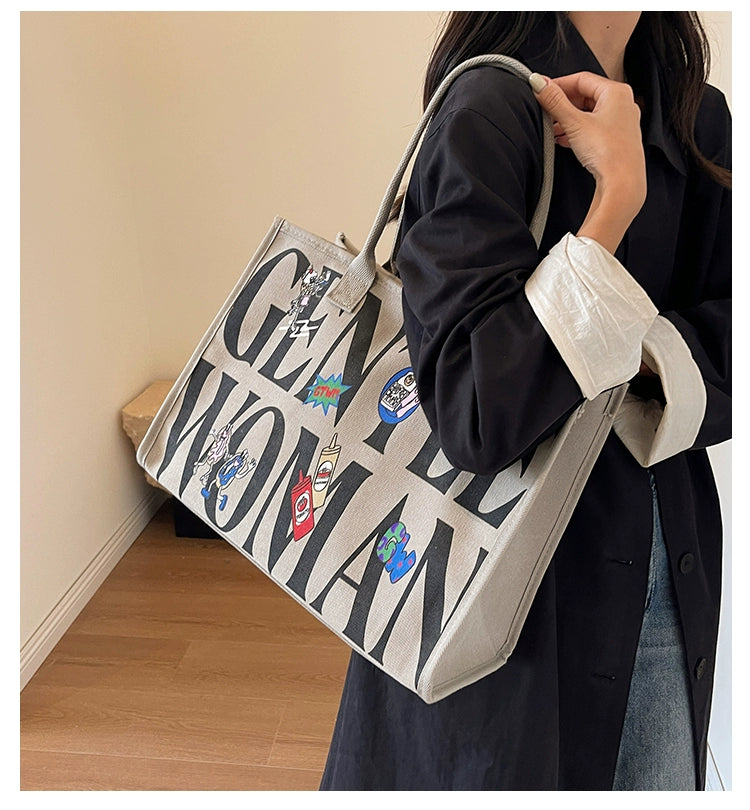 Large Capacity Canvas Tote Bag – Letter Print Shoulder & Commuter Bag | UniVibe Shop