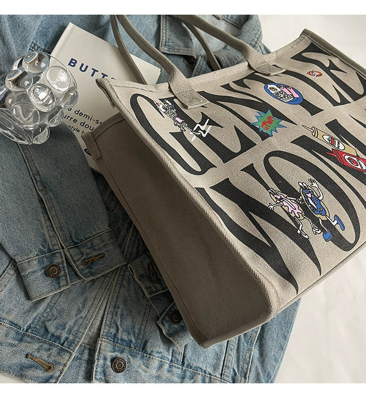 Large Capacity Canvas Tote Bag – Letter Print Shoulder & Commuter Bag | UniVibe Shop