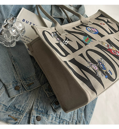 Large Capacity Canvas Tote Bag – Letter Print Shoulder & Commuter Bag | UniVibe Shop