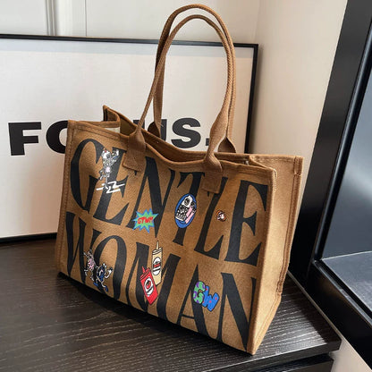 Large Capacity Canvas Tote Bag – Letter Print Shoulder & Commuter Bag | UniVibe Shop