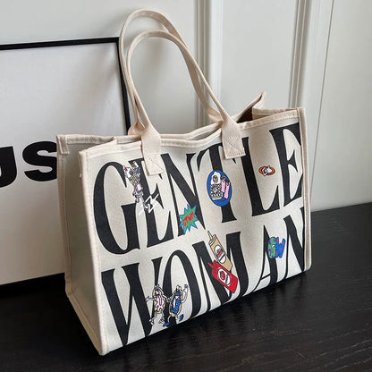 Large Capacity Canvas Tote Bag – Letter Print Shoulder & Commuter Bag | UniVibe Shop