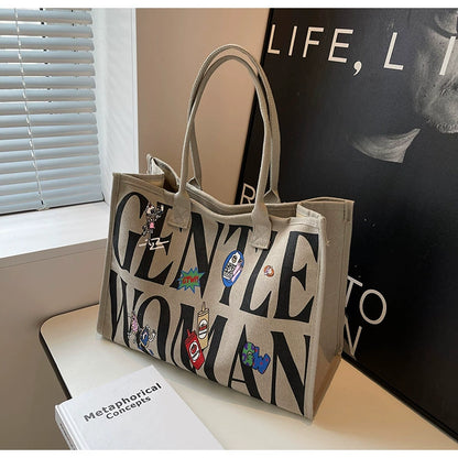 Large Capacity Canvas Tote Bag – Letter Print Shoulder & Commuter Bag | UniVibe Shop