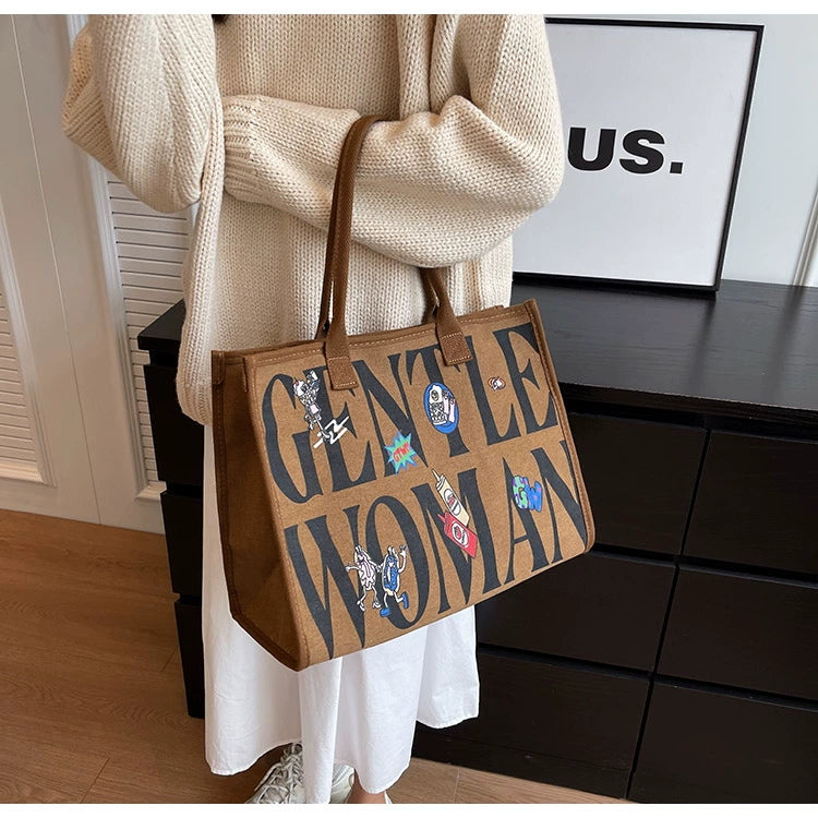 Large Capacity Canvas Tote Bag – Letter Print Shoulder & Commuter Bag | UniVibe Shop
