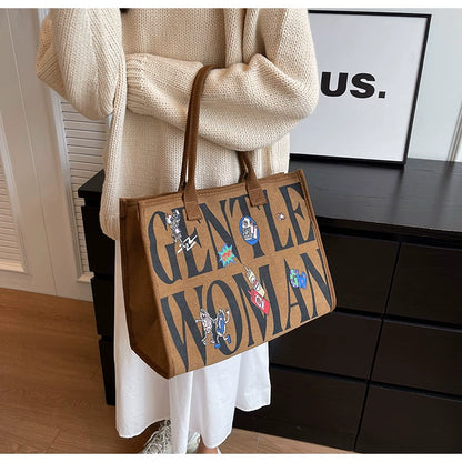 Large Capacity Canvas Tote Bag – Letter Print Shoulder & Commuter Bag | UniVibe Shop