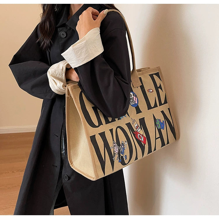 Large Capacity Canvas Tote Bag – Letter Print Shoulder & Commuter Bag | UniVibe Shop