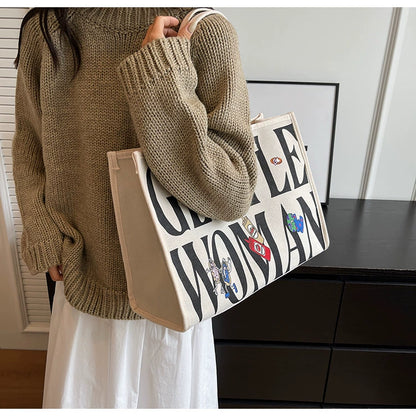 Large Capacity Canvas Tote Bag – Letter Print Shoulder & Commuter Bag | UniVibe Shop