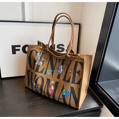 Large Capacity Canvas Tote Bag – Letter Print Shoulder & Commuter Bag | UniVibe Shop