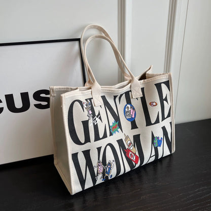 Large Capacity Canvas Tote Bag – Letter Print Shoulder & Commuter Bag | UniVibe Shop