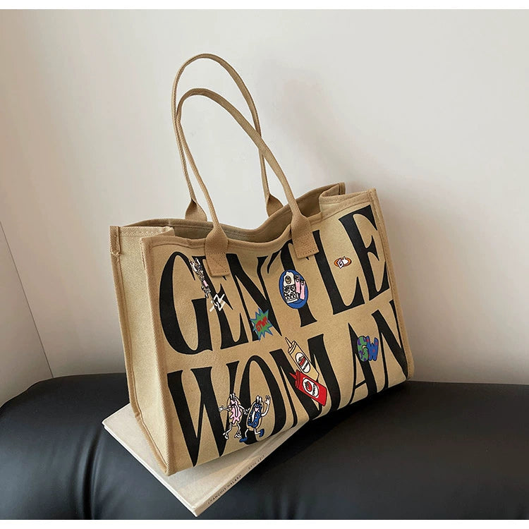 Large Capacity Canvas Tote Bag – Letter Print Shoulder & Commuter Bag | UniVibe Shop