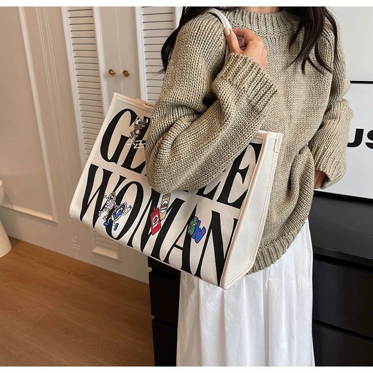 Large Capacity Canvas Tote Bag – Letter Print Shoulder & Commuter Bag | UniVibe Shop