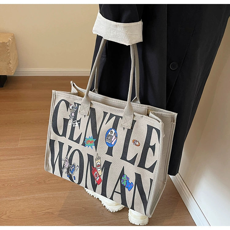 Large Capacity Canvas Tote Bag – Letter Print Shoulder & Commuter Bag | UniVibe Shop