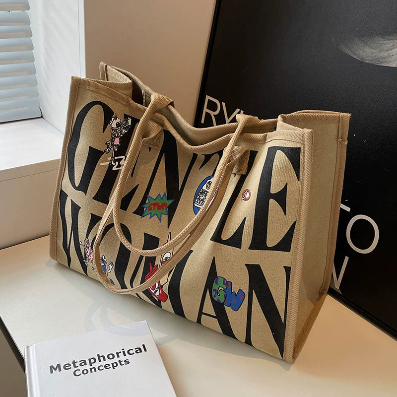 Large Capacity Canvas Tote Bag – Letter Print Shoulder & Commuter Bag | UniVibe Shop