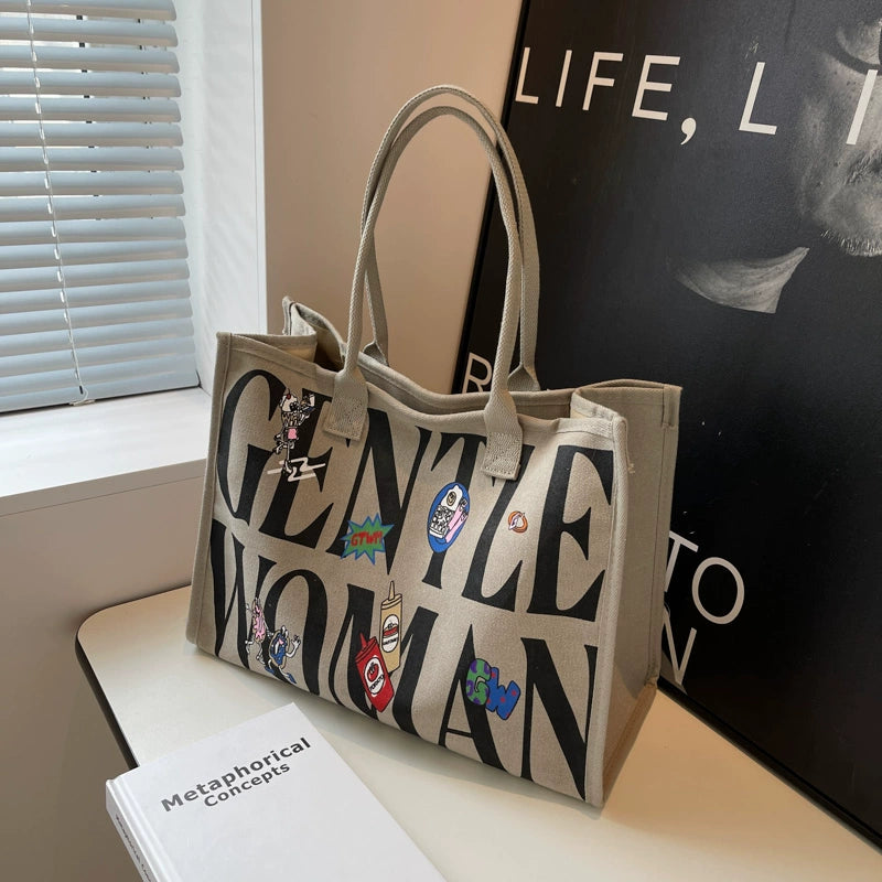 Large Capacity Canvas Tote Bag – Letter Print Shoulder & Commuter Bag | UniVibe Shop