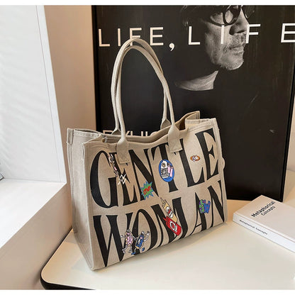 Large Capacity Canvas Tote Bag – Letter Print Shoulder & Commuter Bag | UniVibe Shop