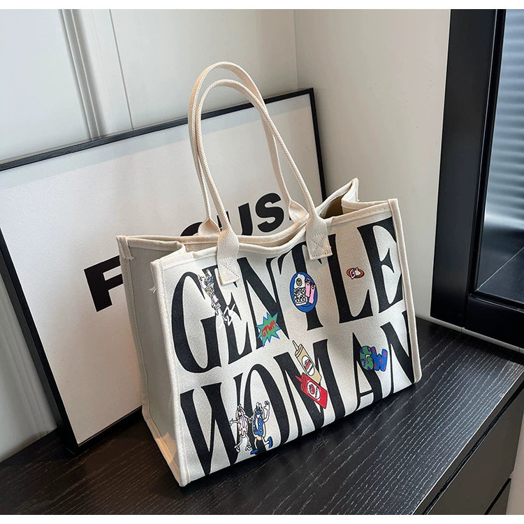 Large Capacity Canvas Tote Bag – Letter Print Shoulder & Commuter Bag | UniVibe Shop