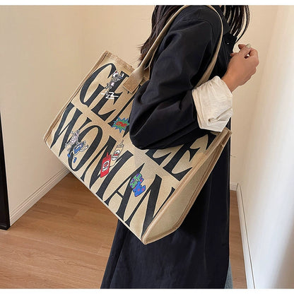 Large Capacity Canvas Tote Bag – Letter Print Shoulder & Commuter Bag | UniVibe Shop