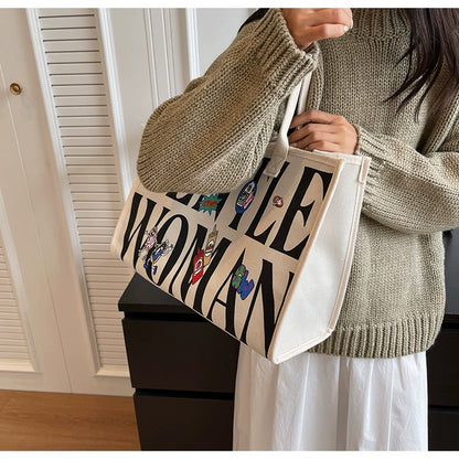 Large Capacity Canvas Tote Bag – Letter Print Shoulder & Commuter Bag | UniVibe Shop
