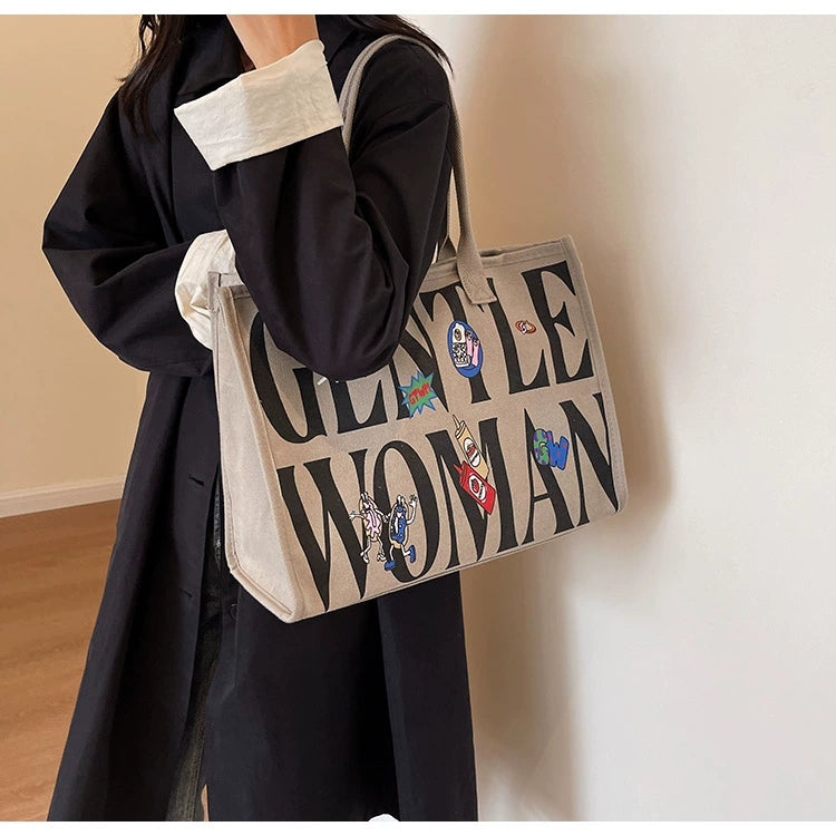 Large Capacity Canvas Tote Bag – Letter Print Shoulder & Commuter Bag | UniVibe Shop