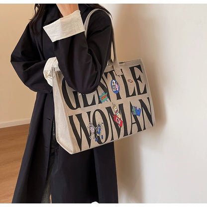 Large Capacity Canvas Tote Bag – Letter Print Shoulder & Commuter Bag | UniVibe Shop