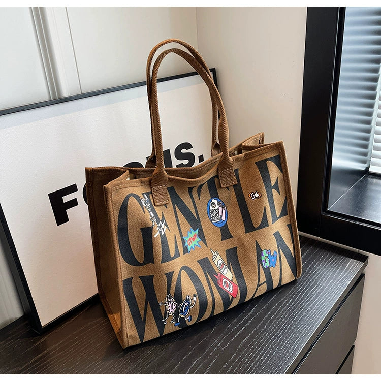 Large Capacity Canvas Tote Bag – Letter Print Shoulder & Commuter Bag | UniVibe Shop