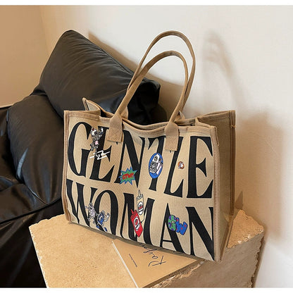 Large Capacity Canvas Tote Bag – Letter Print Shoulder & Commuter Bag | UniVibe Shop
