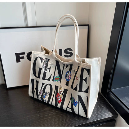 Large Capacity Canvas Tote Bag – Letter Print Shoulder & Commuter Bag | UniVibe Shop