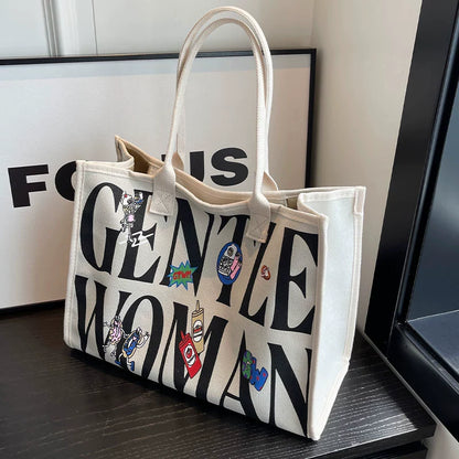 Large Capacity Canvas Tote Bag – Letter Print Shoulder & Commuter Bag | UniVibe Shop