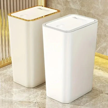 Slim 10L odor-proof trash can with one-touch lid. Perfect for bathrooms, dorms, and small kitchens. Sleek design, leakproof, and space-saving.
