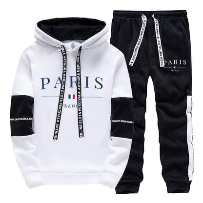 Size chart for Paris hoodie and jogger set showing measurements in cm from size S to 3XL.
