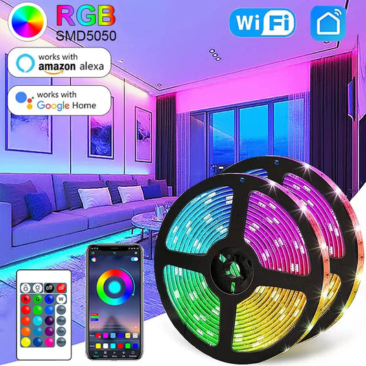 RGB LED strip lights with app and remote control, colorful lighting setup for dorm or living room.

