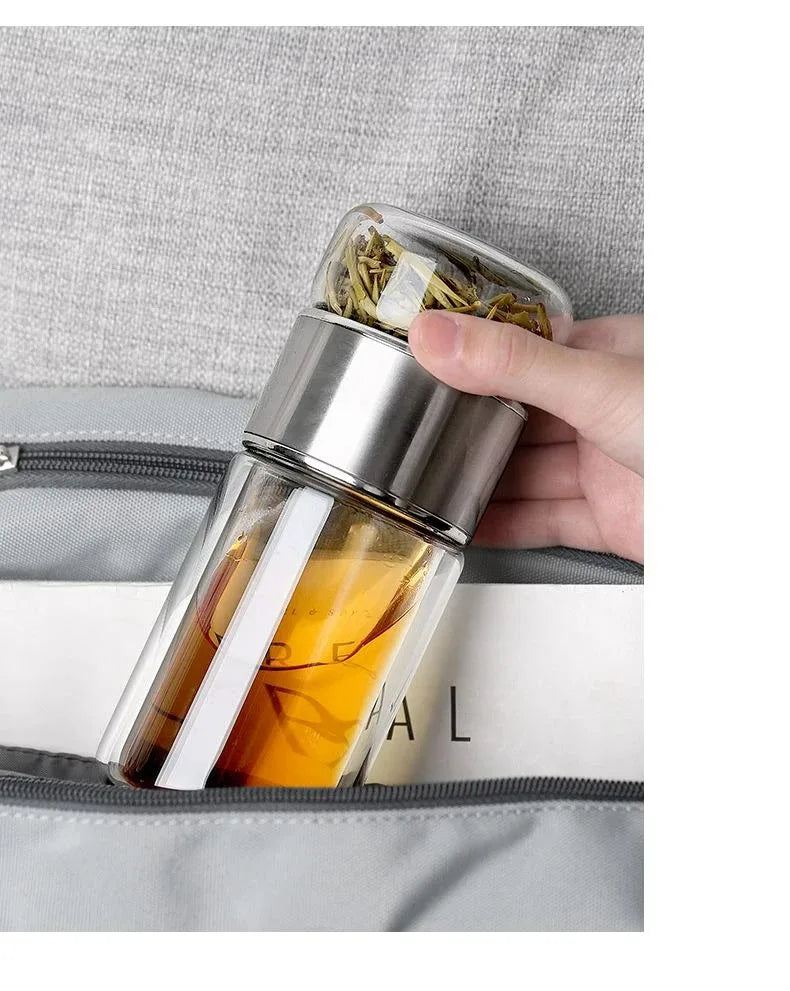420ML Double-Layer Glass Tea Infuser Bottle – Heat-Resistant Borosilicate with Stainless Steel Lid